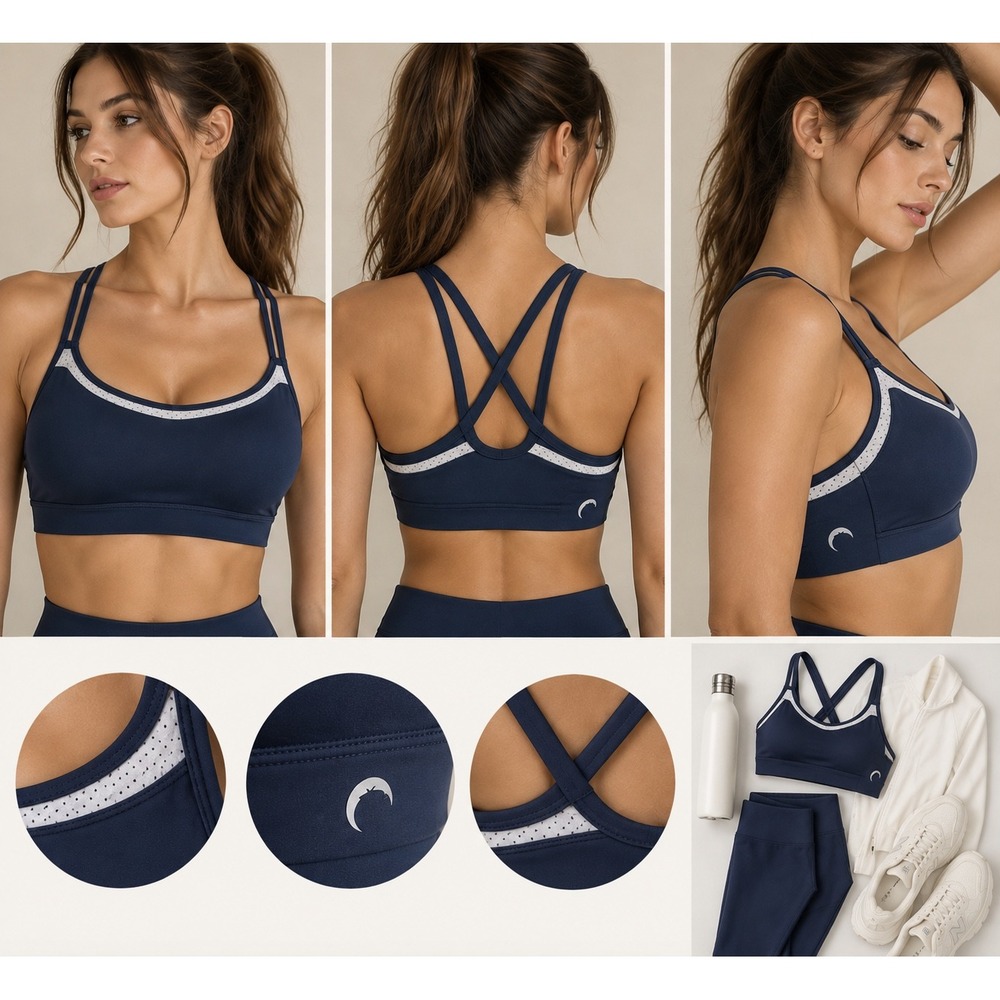 Zyia Active Navy Blue Strappy Racerback Sports Bra White Perforated Trim Size M